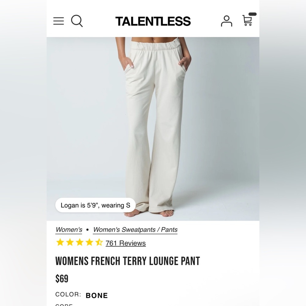 TALENTLESS WOMENS FRENCH TERRY LOUNGE PANT BONE COLOR
